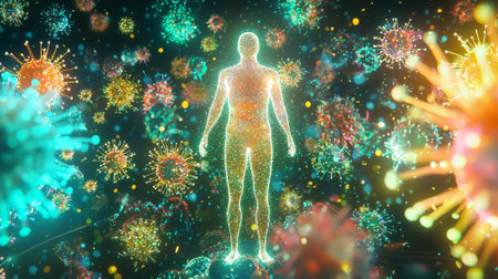 Vivid illustration of human immune system with transparent figure amidst vibrant pathogens. concept of health, microbiology, virus interaction, disease defense.の写真素材