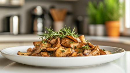 Close up of roasted wild mushrooms with fresh rosemary and thyme on white plate in modern kitchen. Concept of gourmet cuisine, healthy eating, organic ingredients, culinary.の写真素材