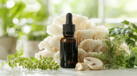 Hericium erinaceus lion's mane mushroom tincture in a small amber bottle with fresh herbs. concept of natural remedies, herbal medicine, holistic wellness, cognitive health.の写真素材