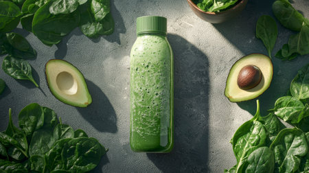 Fresh green smoothie bottle with spinach and avocado. concept of healthy nutrition, organic ingredients, clean eating, vitamin-rich beverage.の写真素材