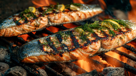 Delicious grilled salmon fillets with crispy skin and herbs over open flames. concept of outdoor barbecue, culinary delights, gourmet seafood, summer cooking, red fish.の写真素材