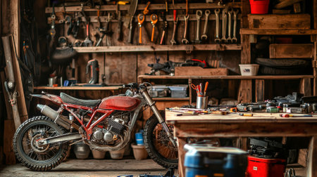 Side view of motorcycle in workshop with tools. concept of engineering, mechanical craftsmanship, garage work, motorbike maintenance, repair shop, garage, service.の写真素材
