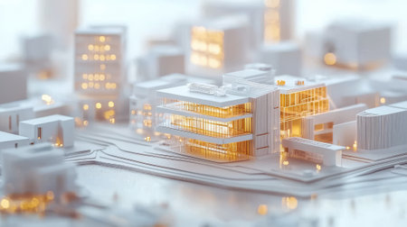 Intricate architectural models of futuristic cityscape with gold accents in engineering design. concept of urban planning, modern architecture, engineering innovation, futuristic cities.の写真素材