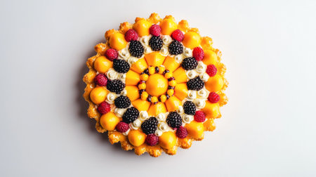 Elegant fruit tart with mango, raspberries, blackberries, and whipped cream on golden crust. Concept of gourmet pastry, summer dessert, fresh ingredients, bakery perfection.の写真素材