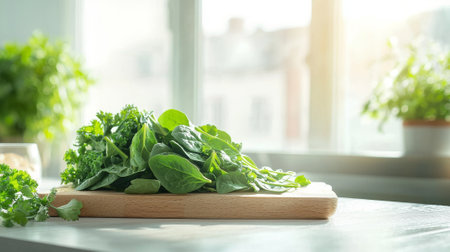 Fresh spinach and greens on wooden board in sunlit kitchen. concept of healthy eating, fresh ingredients, home cooking, natural lifestyle, copy space.の写真素材