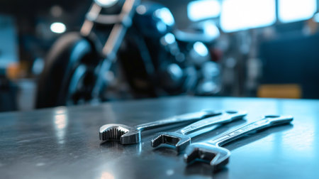 Close-up of screwdrivers and wrenches in motorcycle workshop setting, emphasizing engineering tools and industrial maintenance, repair shop, garage, service center, Copy space.の写真素材