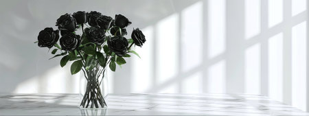 Elegant Black Roses in Clear Glass Vase with Fresh Green Leaves on Marble Table. Concept of Sophisticated Decor, Floral Arrangement, Modern Aesthetics. Banner. Copy space.の写真素材