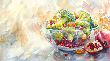 Watercolor illustration of fresh salad with broccoli, pomegranate, and almonds. concept of healthy eating, vibrant nutrition, vegetarian meal, Copy space.の写真素材