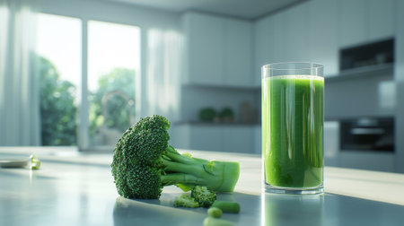 Glass of fresh green broccoli smoothie on kitchen countertop with natural sunlight. Concept of healthy detox drink, plant-based nutrition, organic vegetables, clean eating, superfoods, Copy space.の写真素材