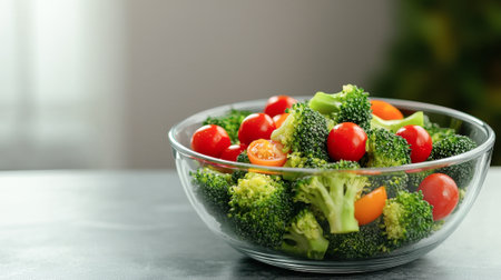 Fresh broccoli and cherry tomato salad in glass bowl. concept of healthy eating, vegetarian diet, organic food, Copy space.の写真素材