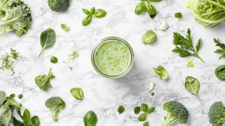 Green vegetable smoothie on marble background. concept of healthy eating, refreshing drinks, organic nutrition, vegan lifestyle.の写真素材
