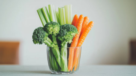 Fresh broccoli, celery, and carrots in glass cup on table. concept of healthy eating, organic vegetables, clean diet, vegetables.の写真素材
