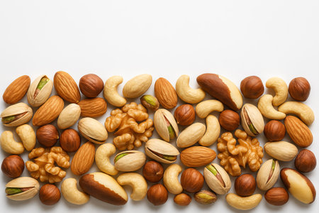 Assorted mixed nuts on simple white background highlighting variety of nut textures and shapes....