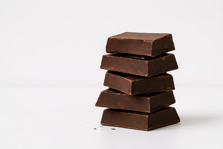 Stacked dark chocolate bars on white background showcasing richness and texture. concept of indulgence, sweet enjoyment, quality ingredients, gourmet treats, white background, copy space.の写真素材