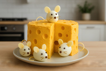 Festive cheese wheel cake with cute mouse decorations on modern kitchen table. concept of playful dessert design, creative party, themed celebration, culinary artistry.の写真素材