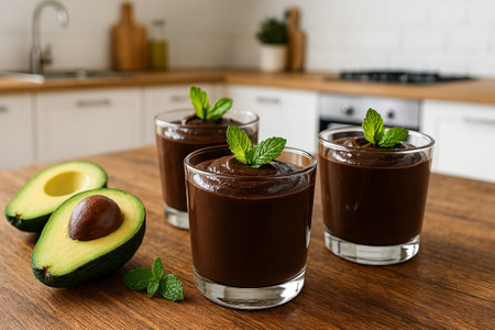 Delicious chocolate avocado mousse in glasses on rustic kitchen countertop. concept of healthy dessert, creamy texture, homemade treat, gourmet indulgence.の写真素材