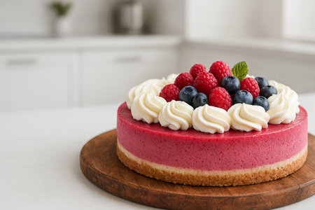 Raspberry cheesecake delight on wooden board with cream topping and fresh berries. concept of...