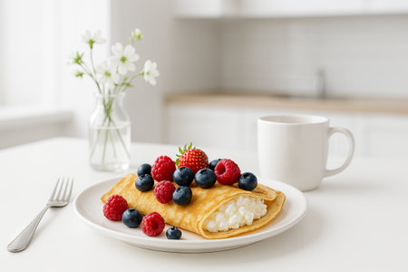 Delicious berry topped crepe with fresh strawberries, raspberries, and blueberries on a plate. concept of sweet breakfast, gourmet dessert, fruit delight, culinary art, tasty indulgence.の写真素材