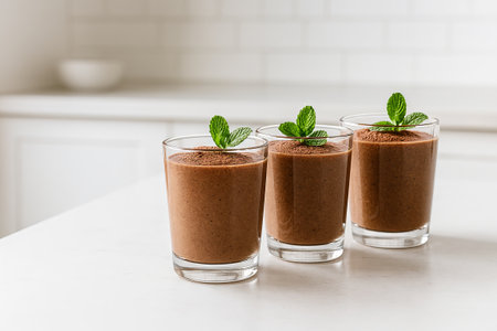 Delightful chocolate smoothie trio in simple modern kitchen setting, garnished with fresh mint leaves for a refreshing beverage concept of indulgence, natural taste, home lifestyle.の写真素材