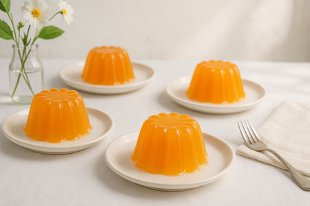 Orange jelly desserts on white plates with daisies in a vase. concept of spring sweets, simple dessert presentation, light floral ambiance, elegant table setting.の写真素材