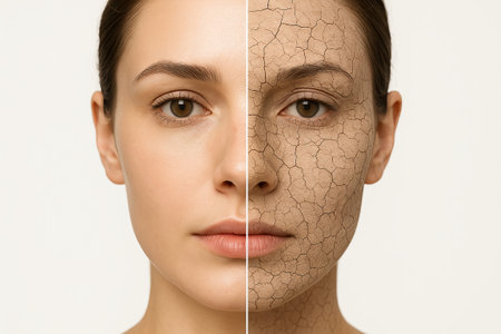 Skincare transformation concept, young caucasian woman experiencing skin renewal and hydration transition in before and after comparison. concept of beauty, moisturizing, self-care, skin health.の写真素材