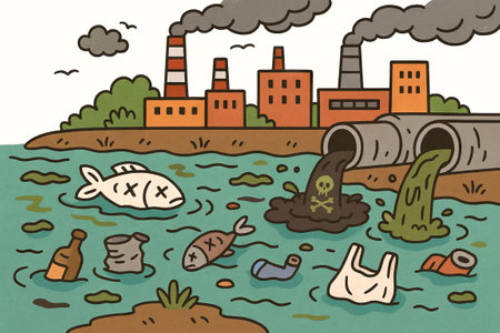 Illustration of industrial pollution in a river with dead fish and waste. concept of environmental damage, toxic waste, water pollution, climate change awareness.の写真素材