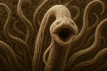 Close-up view of parasitic worm in detailed composition. concept of parasite study, microscopic examination, intricate nature.の写真素材