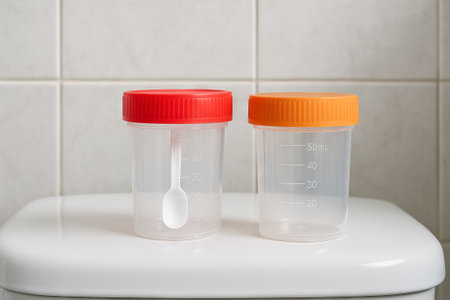 Plastic medical sample containers with red and orange lids for laboratory use. concept of healthcare supplies, sterile storage, laboratory equipment, medical testing.の写真素材