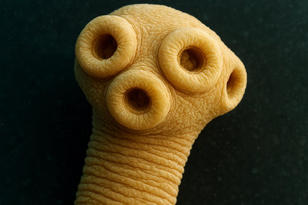 Microscope view of tapeworm head displaying details of parasitic structure in close-up science study. concept of parasitology, microbiology, and scientific research.の写真素材