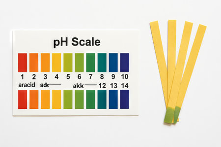 Close-up of ph test strips and scale chart for accurate chemical analysis and laboratory use. scientific experimentation, educational tool, precision measurement, chemistry study, white background.の写真素材
