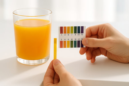 Testing orange juice acidity with ph strips - simple method for understanding juice quality and freshness.の写真素材
