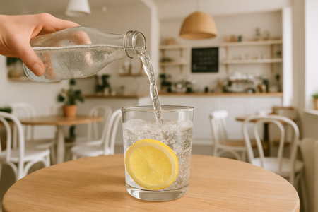 Refreshing sparkling water with lemon slice in a cozy cafe setting. concept of refreshment, hydration, simple pleasure, cafeteria ambiance, relaxing atmosphere.の写真素材