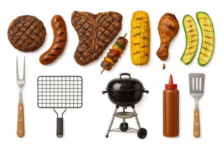 Png set of summer grill elements with meat, vegetables, and bbq utensils isolated on transparent background. concept of outdoor cooking, barbecue party, culinary illustration.の写真素材