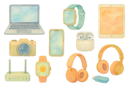 Png watercolor technology set with gadgets including laptop, smartwatch, tablet, headphones, and camera isolated on transparent background. concept of modern devices, digital lifestyle, tech elements.の写真素材