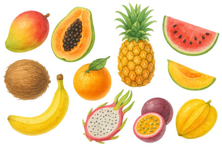 Png watercolor tropical fruits illustration set isolated on transparent background. concept of exotic fruit art, vibrant summer decor, fresh botanical elements.の写真素材