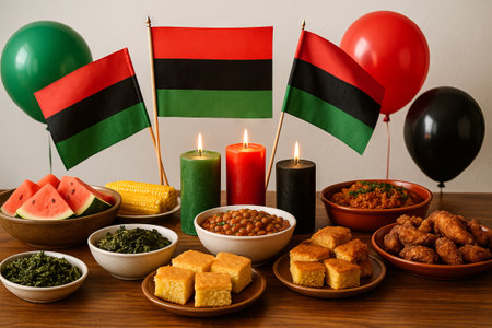 Juneteenth celebration table with traditional southern foods and afro-american flags, concept of cultural heritage, festive gathering, community celebration.の写真素材