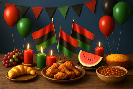 Juneteenth celebration table with candlelit decor featuring watermelon, fried chicken, baked beans, and cornbread. concept of african american culture, festive gatherings.の写真素材