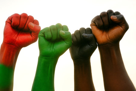 Diverse group of raised fists in solidarity against a light background. concept of unity, freedom, strength, empowerment, racial harmony, social justice, equal rights.の写真素材