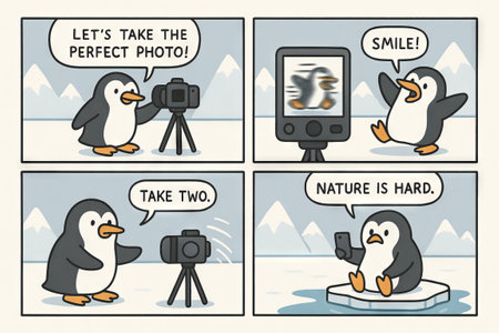 Cute penguin comics capturing photos in snowy mountains with iceberg backdrop. concept of humor, wildlife photography, nature challenge, playful animals. Funny comic strip.の写真素材