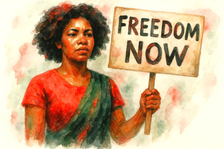 Watercolor portrait of african american woman holding freedom now sign celebrating juneteenth freedom concept and expression of courage and empowerment.の写真素材