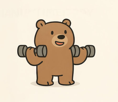 Cute cartoon bear lifting dumbbells with a joyful smile. concept of fitness fun, adorable exercise, playful animal strength, cheerful training moment.の写真素材