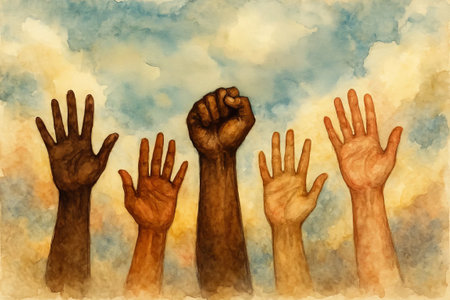 Watercolor illustration of raised hands of diverse skin tones against a cloudy sky. concept of unity, diversity, solidarity, human rights, empowerment.の写真素材