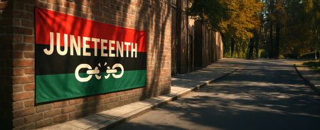 Juneteenth freedom banner displayed outdoors on brick wall in sunlit park setting. concept of...