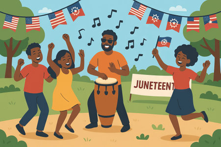 African american family celebrating juneteenth at park with music and festive flags. concept of cultural heritage, community joy, family celebration, freedom, vibrant gathering.の写真素材