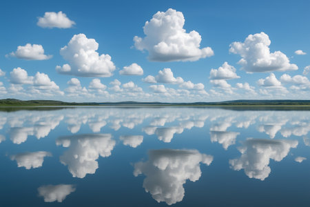 A Tranquil Reflection of Puffy White Clouds on the Crystal-Clear Surface of a Serene Lake Under a...