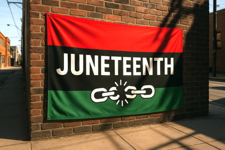 Juneteenth freedom banner displayed on brick wall in urban setting. concept of african american history, emancipation celebration, cultural pride, urban community.のeditorial素材