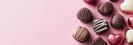 Assorted gourmet chocolate candy on pink background for valentine's day celebration. concept of...