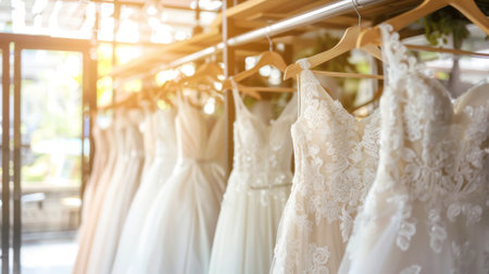 A Beautiful Display of Elegant Wedding Dresses Hanging Gracefully in a Bright Boutique, Showcasing Timeless Styles and Exquisite Craftsmanship for Brides-to-Be.の写真素材