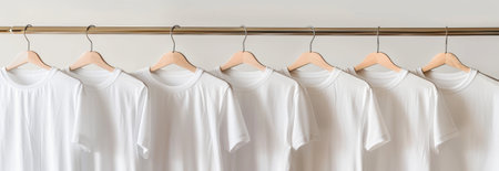 Collection of White T-Shirts Hanging on a Clothes Rack, Showcasing Their Simple Design and...