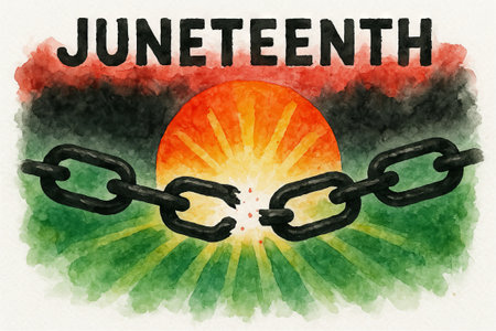 Watercolor juneteenth illustration with broken chain and sunrise symbolizing hope and freedom, celebrating african american emancipation and cultural heritage.の写真素材